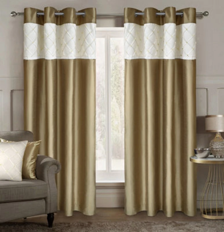 Image of Intimates Faux Silk Pleated Lined Curtains, Ring Top, Durable Drapes For Living Room, Bedroom, Light-Filtering, Textured Fabric - Latte