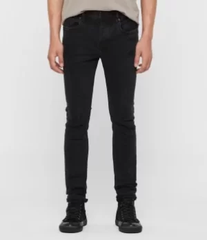 Image of AllSaints Mens Cotton Traditional Cigarette Damaged Skinny Jeans, Black, Size: 30