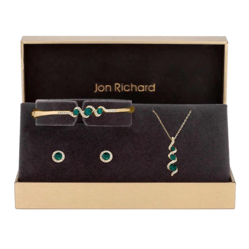 Image of Jon Richard Gold Plated Emerald And Crystal Twist Drop Trio S Jewellery Sets One Size Gold 70548810000