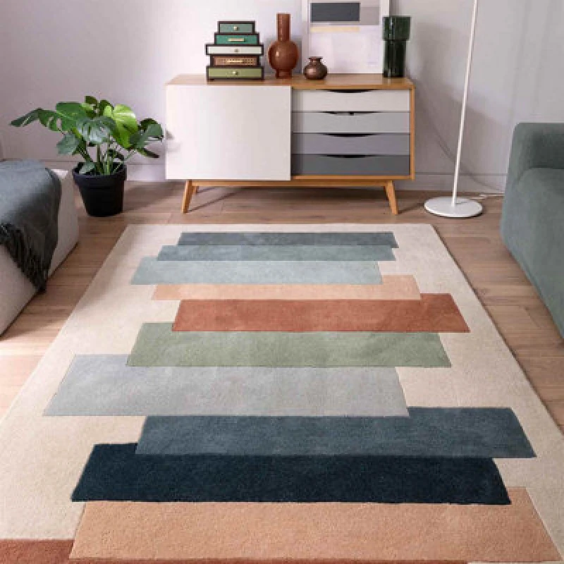 Image of Cream Handmade Modern Geometric Wool Easy To Clean Rug For Living Room & Bedroom-120Cm X 170Cm