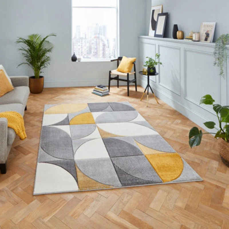 Image of Grey Yellow Easy To Clean Geometric Abstract Rug For Diningroom-80Cm X 150Cm