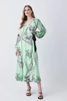 Image of Floral Hammered Satin Woven Wrap Midi Dress