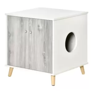 Image of PawHut Cat Litter Box Enclosure Washroom Cave House Decorative End Table Wooden Cabinet Indoor with 2 Magnetic Door Wide Tabletop White