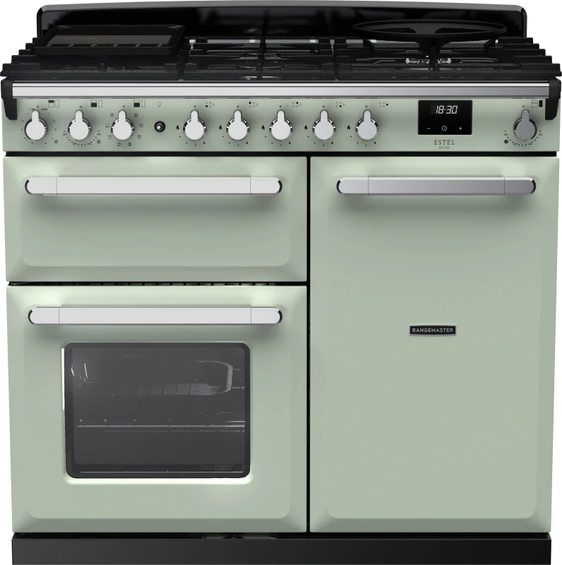 Image of Rangemaster Estel Deluxe ESDL100DFPMNT/CM1 100cm wide Dual Fuel Range Cooker with Gas Hob - Mint / Chrome - A/A Rated