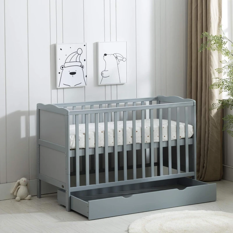 Image of MCC (Grey) MCC BABY COT BED Wooden Baby Cot Bed & Rollaway Drawer & Aloe Vera Water Repellent Mattress(Orlando Drawer)