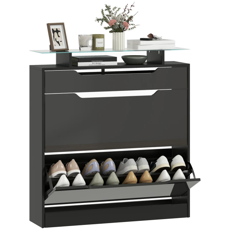 Image of HOMCOM HOMCOM Shoe Cabinet with 3 Drawers, High Gloss Front Panels, Glass Top Black One Size Unisex 5063603059047
