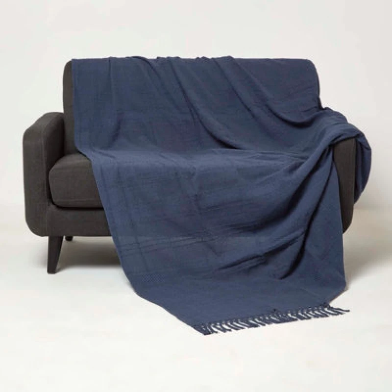 Image of HOMESCAPES Homescapes - Kashi Navy Cotton Throw with Tassels 225 x 255cm SF2267B