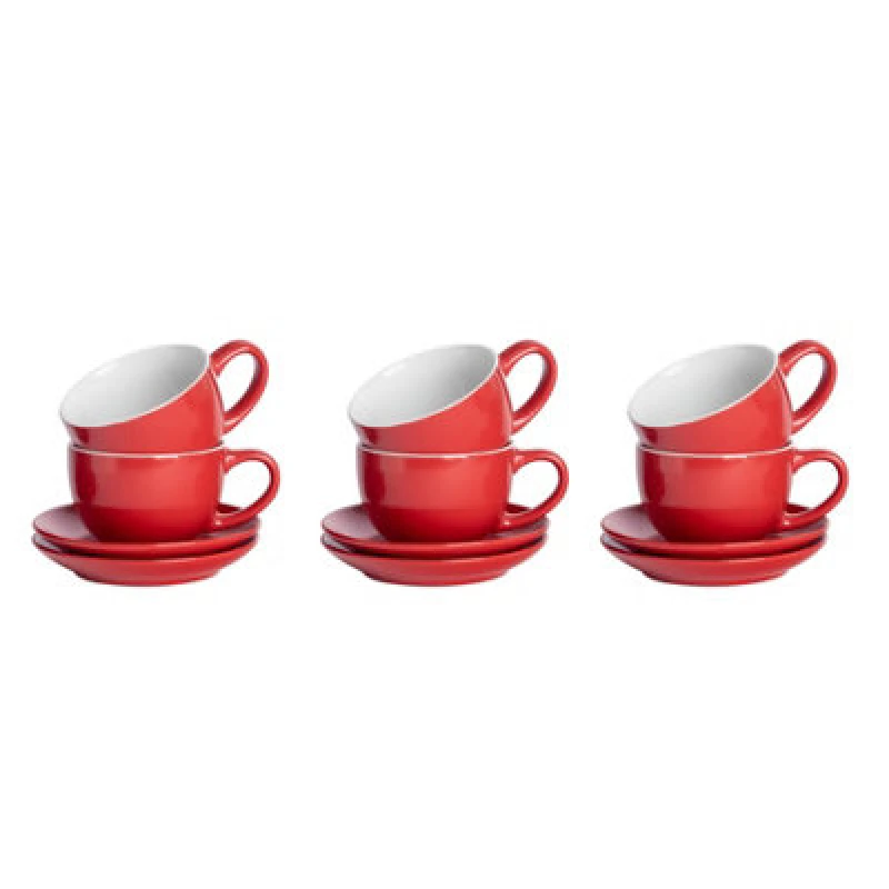 Image of Argon Tableware 12Pc Coloured Cappuccino Cup & Saucer Set - 250ml - Red - Durable Stoneware Coffee Tea Cup Dishwasher