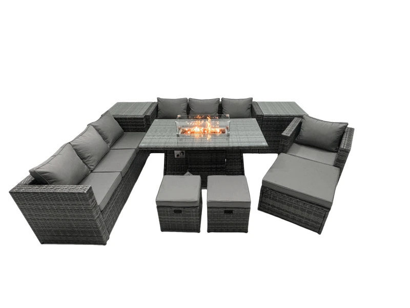 Image of Fimous Rattan Garden Furniture Firepit Dining Set 10 Seater Lounge Sofa Table Set with 2 side table 3 Footstool Dark Grey