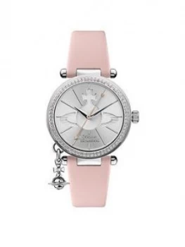 Image of Vivienne Westwood Vivienne Westwood Orb Pastelle Silver Crystal Set Dial with Orb Charm Pink Leather Strap Ladies Watch, One Colour, Women