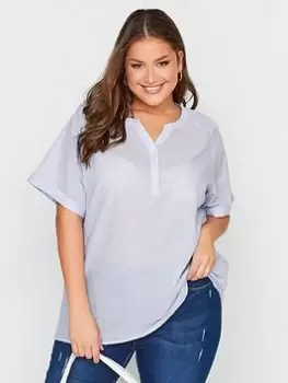 Image of Yours Raglan Sleeve Placket Cotton Top, Blue, Size 30-32, Women