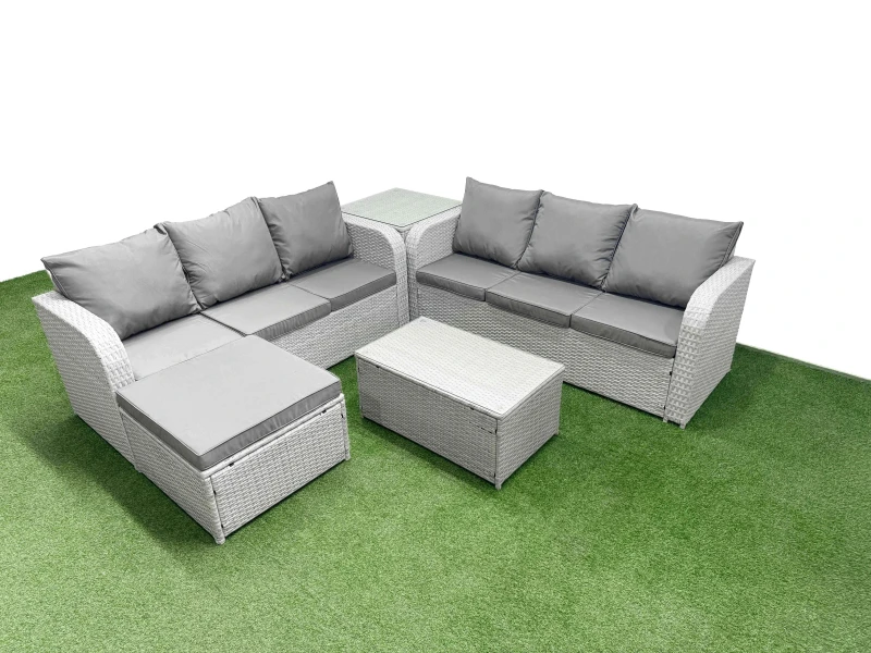 Image of Fimous Outdoor Garden Furniture Sets 7 Seater Wicker Rattan Furniture Sofa Sets with Rectangular Coffee Table high Back Lounge Sofa Big Footstool Side
