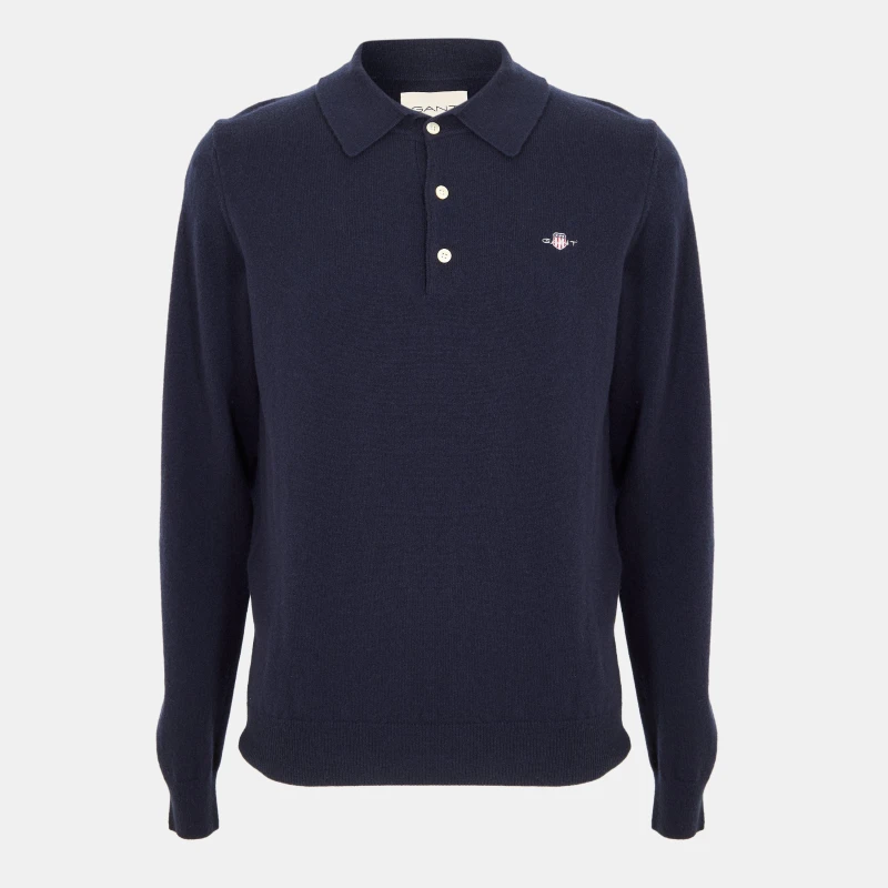 Image of Gant Mens Superfine Lambswool Long Sleeve Polo Shirt Navy male S
