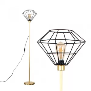 Image of Charlie Gold Stemmed Floor Lamp With Black Trillian Geometric Shade