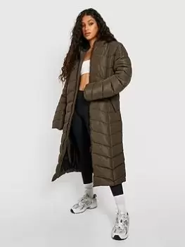 Image of Boohoo Longline Faux Fur Trim Parka - Khaki, Green, Size 8, Women