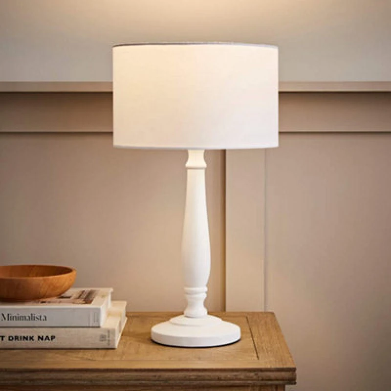 Image of ValueLights Victoria White Wood Traditional Stem Table Lamp with Fabric Drum Shade White