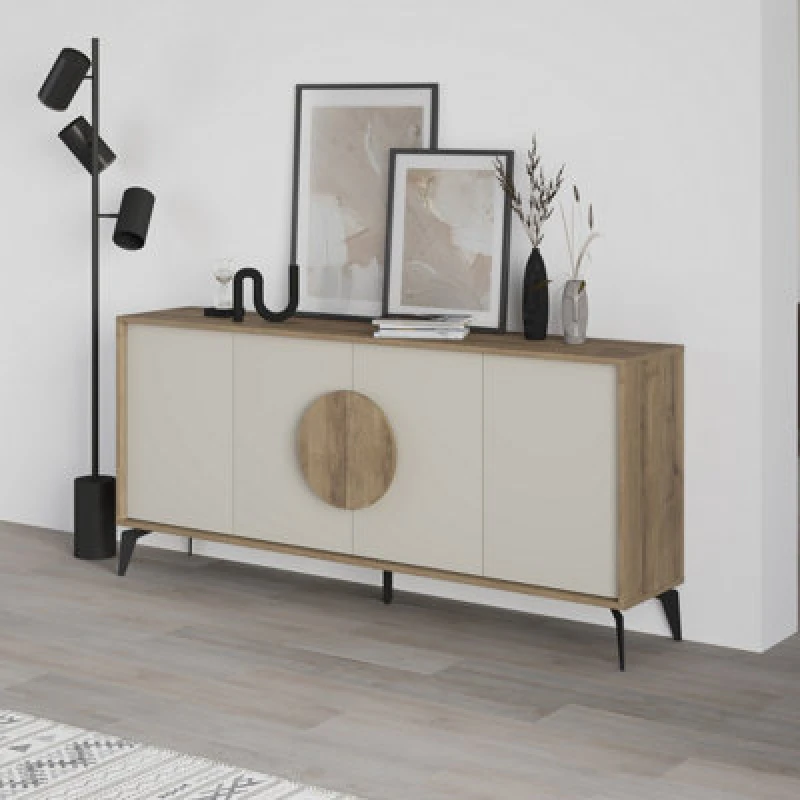 Image of Decortie Sideboard Console 180Cm 35.6X180X82Cm 4 Particleboard Dark Oak Effect, Sandstone, Multi 8683628021231
