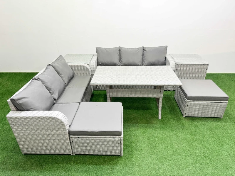Image of Fimous Outdoor Garden Furniture Sets 8 Seater Wicker Rattan Furniture Sofa Sets with Rectangular Dining Table high Back Lounge Sofa 2 Big Footstool 2