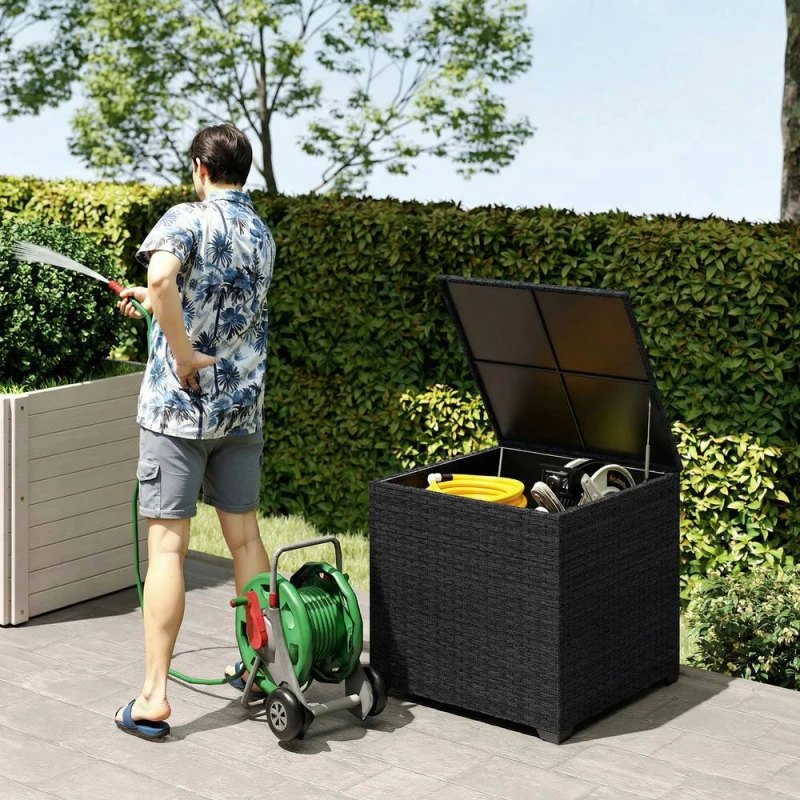 Image of OUTSUNNY 253L Garden Storage Box, Rattan Deck Box with Zipped Liner, Black Size: 70cm x 70cm Black Unisex 70cm x 70 cm