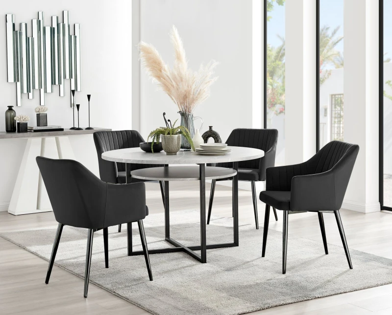Image of FurnitureboxUK FurnitureboxUK Adley Grey Concrete Effect Round Dining Table & 4 Calla Black Leg Velvet Chairs Black One Size Unisex 5056657163341