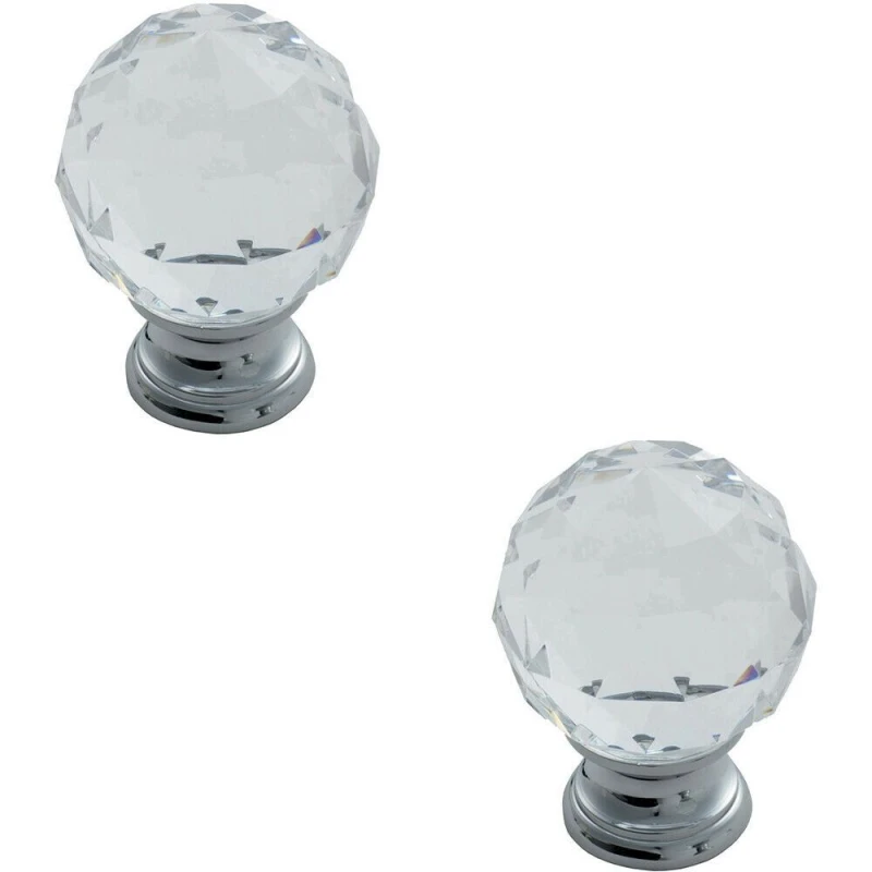 Image of Loops 2x Faceted Crystal Cupboard Door Knob 40mm Dia Polished Chrome Cabinet Handle Multi unisex