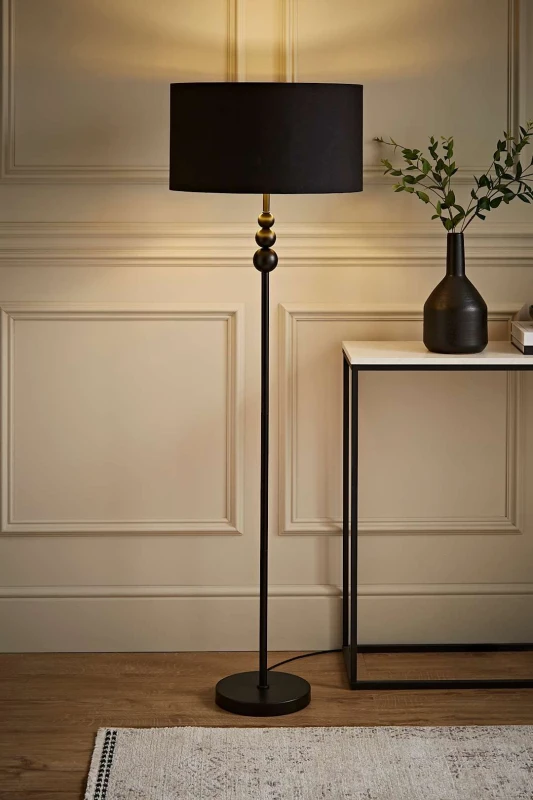 Image of ValueLights Marissa Black and Metallic Gold Shade with Black Stacked Ball Floor Lamp Black