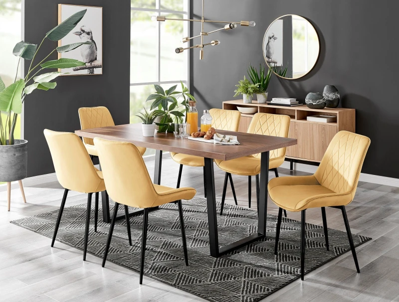 Image of FurnitureboxUK FurnitureboxUK Kylo Large Brown Wood Effect Dining Table & 6 Pesaro Velvet Black Leg Chairs in Mustard Mustard One Size Unisex 50565426