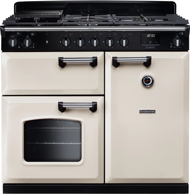 Image of Rangemaster Classic CL100DFPPCR/CM1 100cm wide Dual Fuel Range Cooker with Gas Hob - Pale Cream / Chrome - A Rated