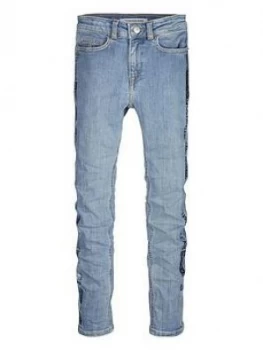 Image of Calvin Klein Jeans Girls Skinny High Rise Foil Stripe Jeans - Blue, Size Age: 8 Years, Women