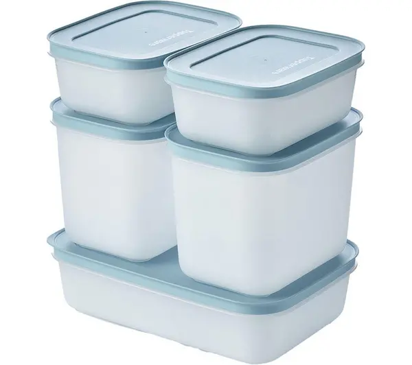 Image of TUPPERWARE Freezer Mates 5 Piece Starter Set - Frosted with Blue Lid