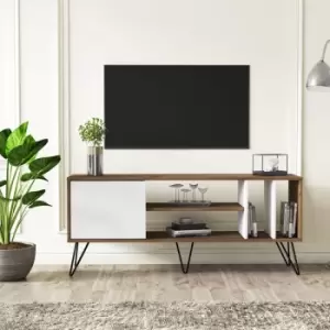 Image of Decorotika Mistico 140 Cm Wide Modern Metal TV Stand, TV Console, TV Unit, Media Centre, Media Console With Open Shelves And Cabinet - Walnut And