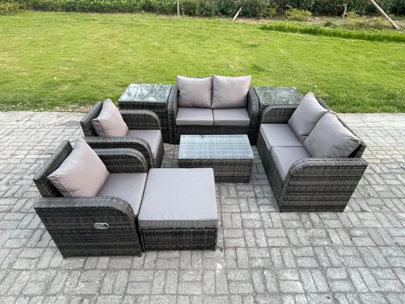 Image of Fimous 7 Seater Rattan Garden Furniture Set Patio Outdoor Lounge Sofa Set with Rectangular Coffee Table Big Footstool Love Sofa 2 Side Tables Dark Gre