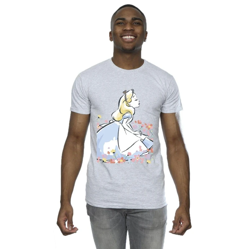 Image of Disney Men Alice In Wonderland Sketch Flowers T-Shirt in Grey Size: Small Grey S Male 5063283630178