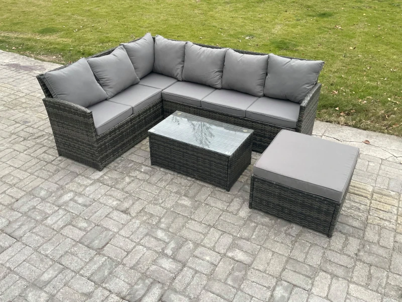 Image of Fimous 7 Seater Rattan Lounge Corner Sofa Set Wicker PE Outdoor Garden Furniture Set with Coffee Table Big Footstool Dark Grey
