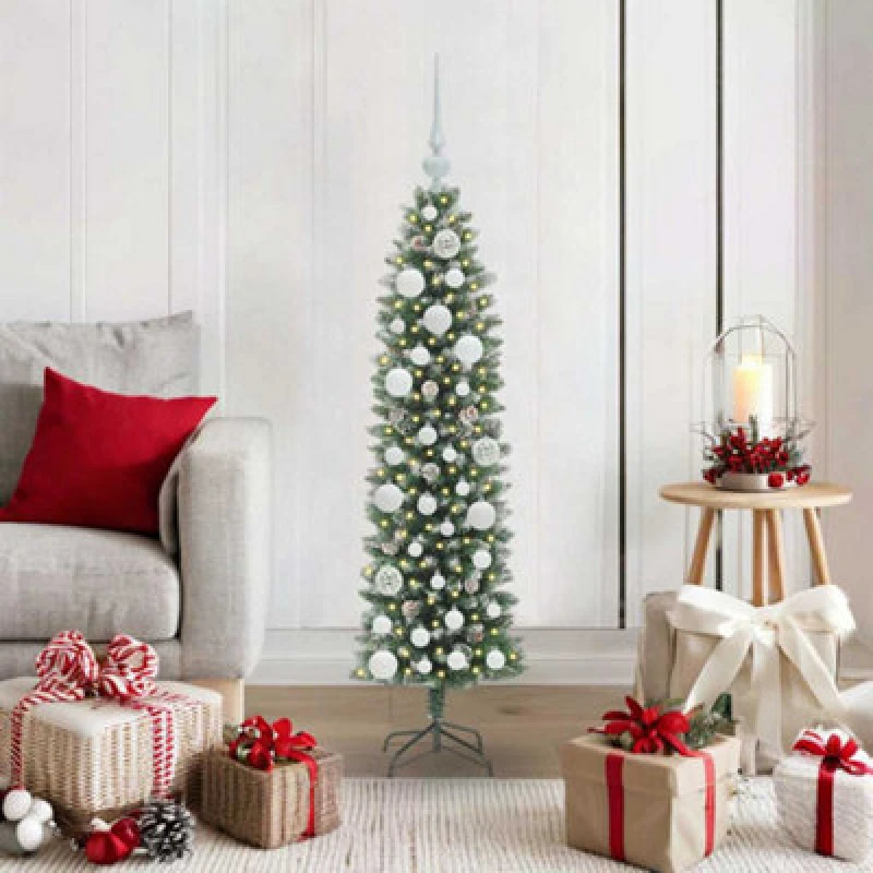 Image of vidaXL Artificial Slim Christmas Tree with White Balls Green and white 120 cm, Green 3395272