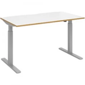 Image of Elev8² Sit Stand Single Desk with White & Oak Edge Coloured Melamine Top and Silver Frame 2 Legs Mono 1400 x 800 x 675 - 1175 mm