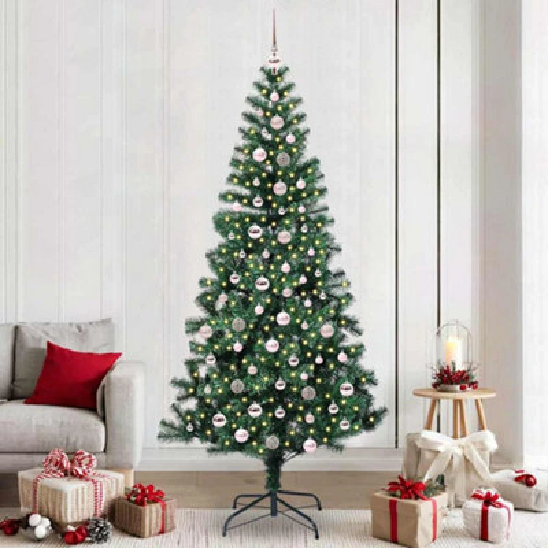 Image of vidaXL Artificial Pre-lit Christmas Tree with Pink Balls Green 240cm PVC and Metal, Green 3396790