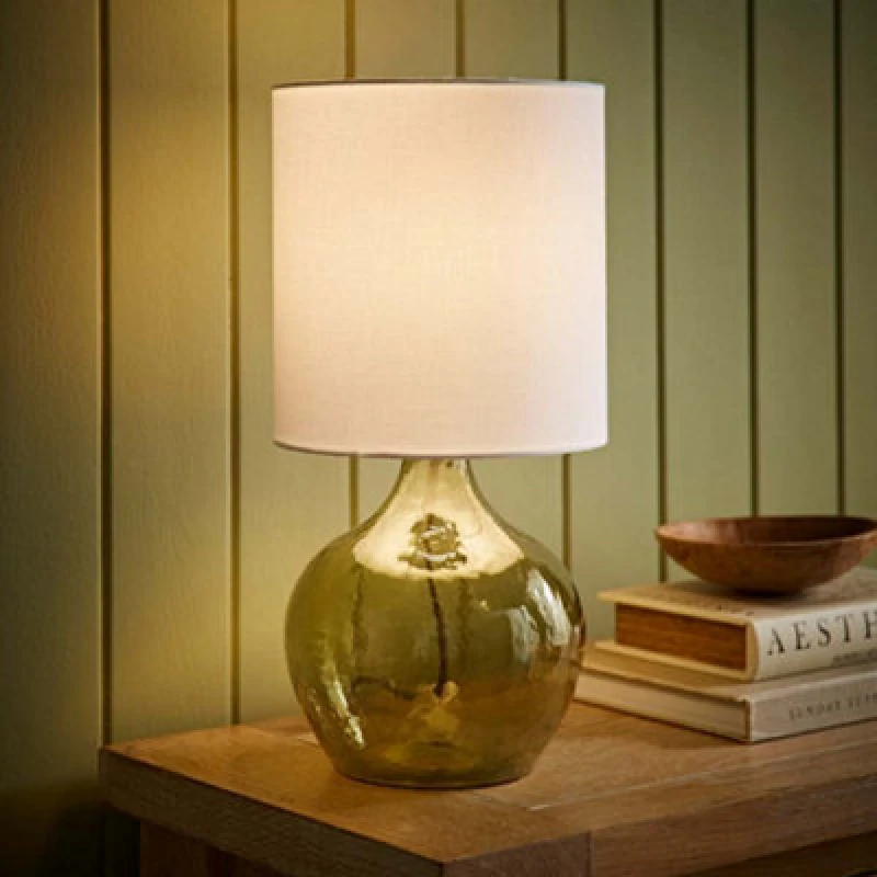 Image of ValueLights ValueLights Emily Natural Linen Drum Shade Dark Green Glass Teardrop Table Lamp Green One Size Unisex 5016529272106