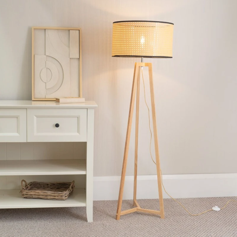 Image of ValueLights Lottie Natural Wood Tripod Floor Lamp with Wicker Drum Shade Natural