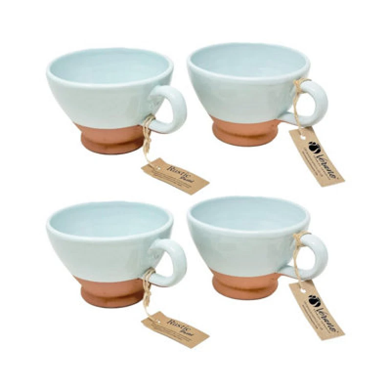 Image of Verano Spanish Ceramics Rustic Pastel Half Dipped Terracotta Kitchen Set Of 4 Breakfast Cups Duck Egg Blue 14Cm