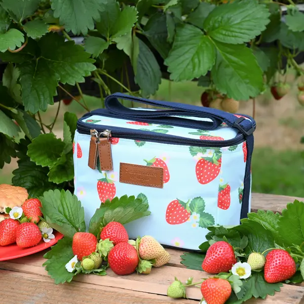 Image of Strawberries & Cream Vintage Aqua Insulated 5 Litre Personal Picnic Cool Bag Aqua