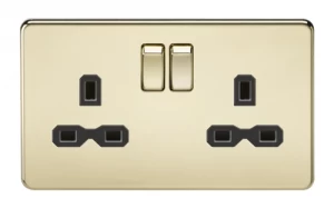Image of KnightsBridge 2G DP 13A Screwless Polished Brass 230V UK 3 Pin Switched Electric Wall Socket - White Insert