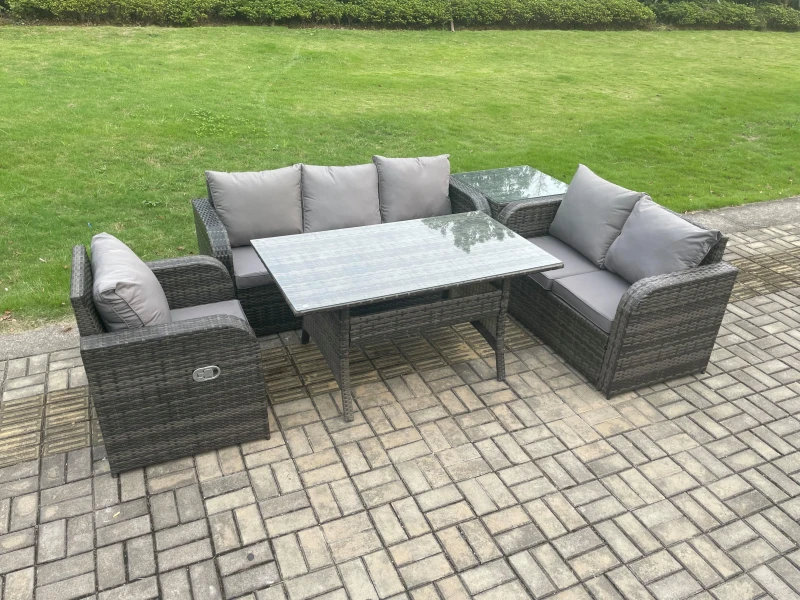 Image of Fimous 6 Seater Garden Rattan Furniture Dining Table Sofa Set Indoor Outdoor with Reclining Chairs Side Table Dark Grey Mixed Dark Grey Unisex