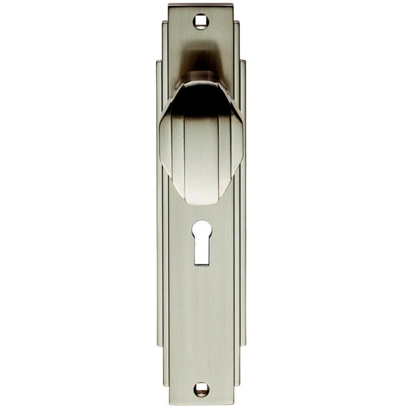 Image of Loops PAIR Line Detailed Door Knob on Lock Backplate 205 x 45mm Satin Nickel Metallics