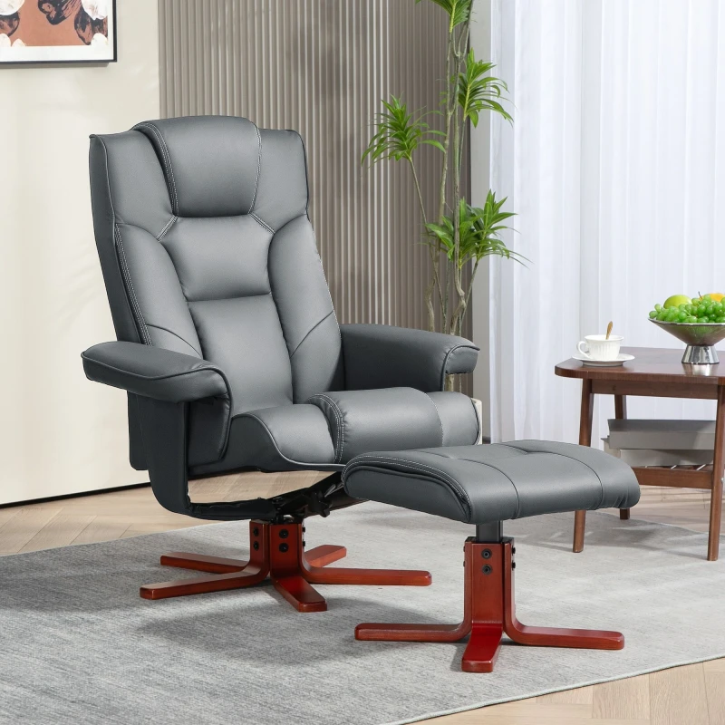Image of Recliner Chair with Footstool and Adjustable Backrest PU Armchair - Grey - Grey - HOMCOM TJ Hughes 5061025017522