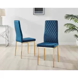 Image of Furniture Box 6X Milan Kitchen Dining Chair Navy Blue Velvet Gold Legs