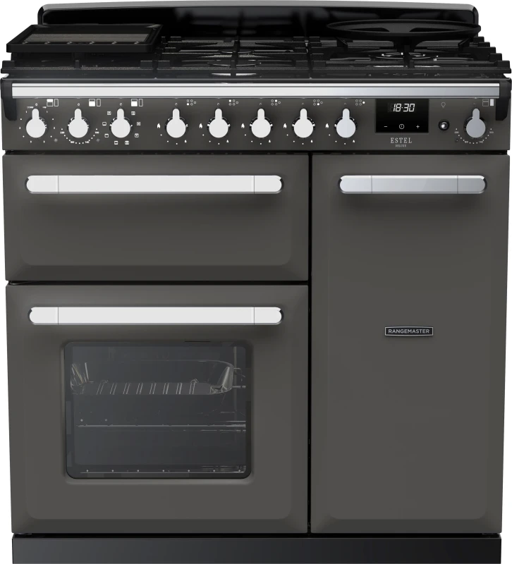 Image of Rangemaster Estel Deluxe ESDL90DFPSLT/CM1 90cm Dual Fuel Range Cooker - Slate / Chrome - A/A Rated