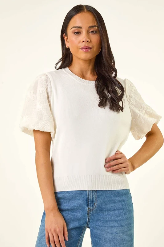 Image of Roman Womens Petite Floral Sleeve Knitted Top in White Size: 18 White Female 18