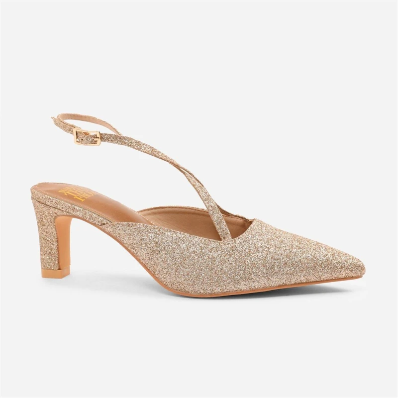 Image of Where's That From 'Raizel' Pointed Toe Low Block Heel With Cross Over Ankle Strap Gold