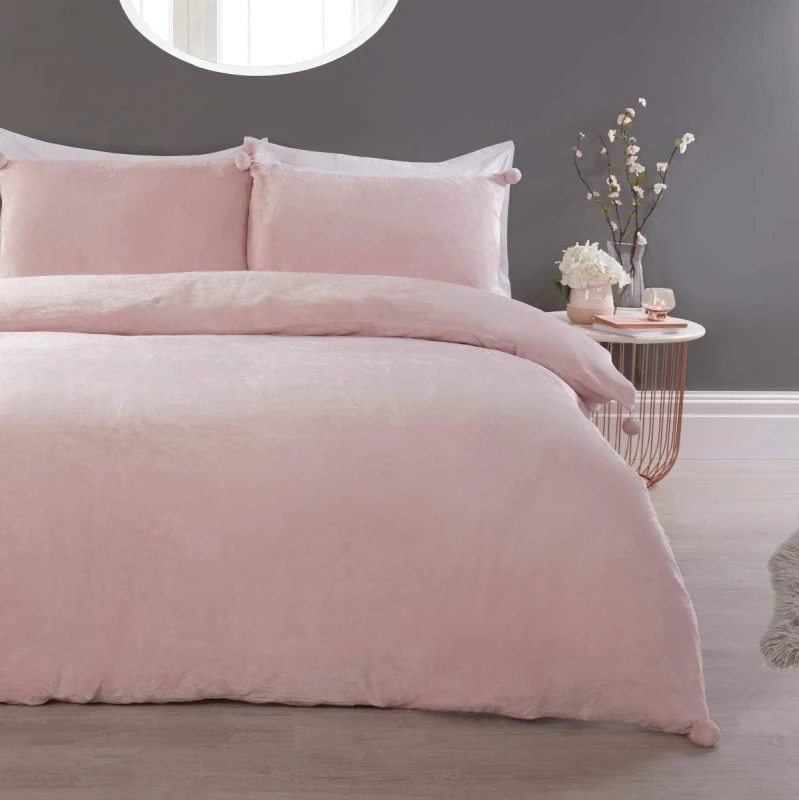Image of Smart Living Smart Living Luxurious Pom Pom Fleece Duvet Cover with Pillowcases in Light Pink Size: King Light Pink King Unisex 5056242754411